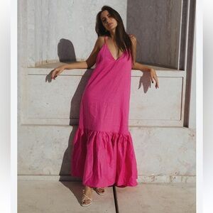 PINK LINEN MAXI DRESS WITH FRILLS SIZE L